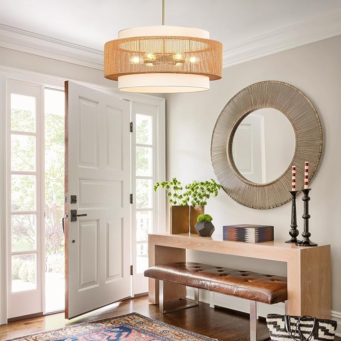 25.6" Rattan Chandelier, 6-Light Large Rattan Pendant Light - Image 7
