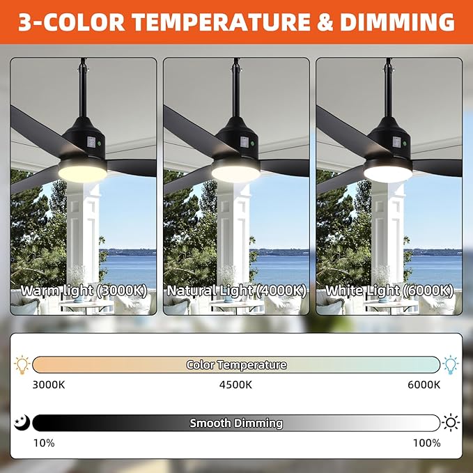 Outdoor Ceiling Fan with Light, 52 Inch Black Waterproof Plug in Ceiling Fan - Image 4
