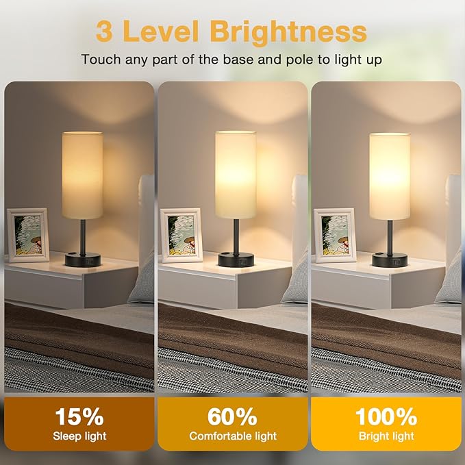 White Bedroom Lamps Set of 2-3 Way Dimmable Touch Table Lamps - Image 2