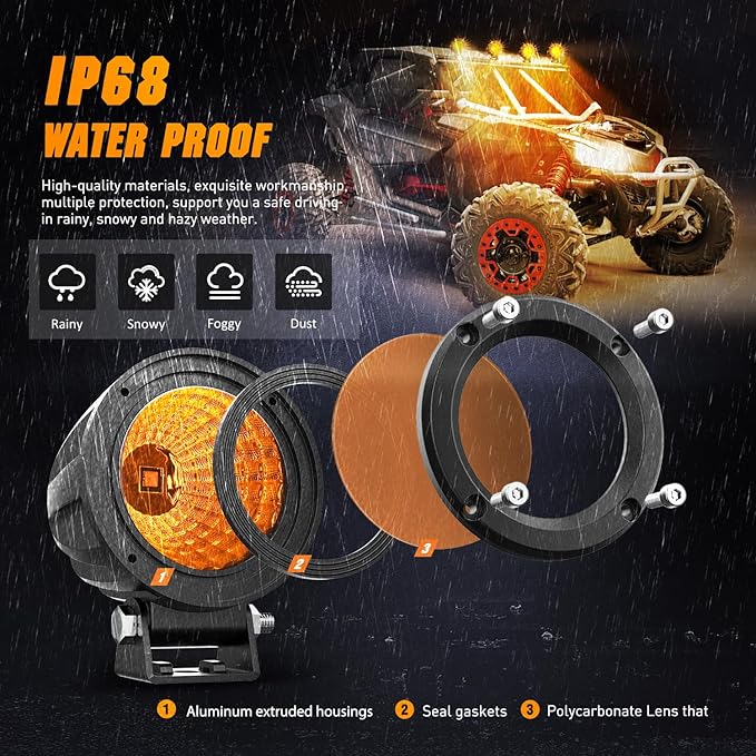Nilight Amber LED Light Pods 2 PCS 3" Flood Round Offroad Driving Auxiliary Fog - Image 4
