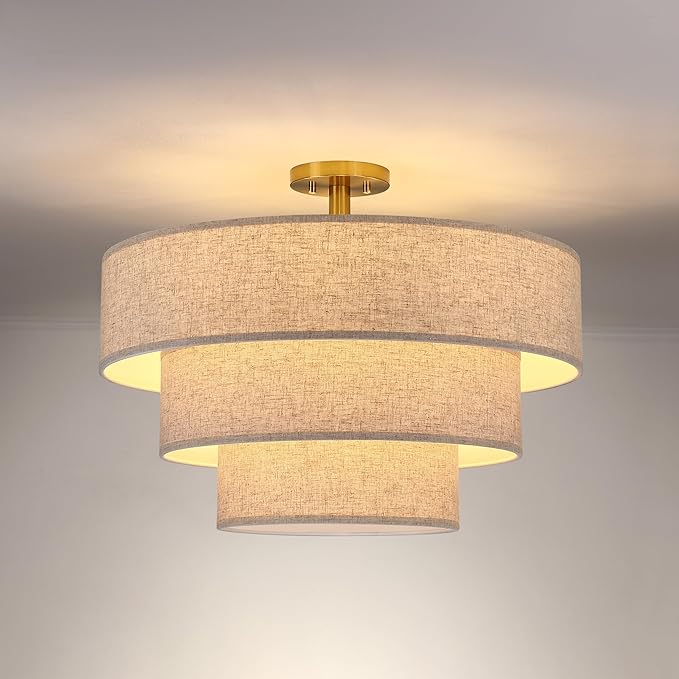Doraimi Lighting 3 Tier Milky Apricot Linen Drum Fabric Semi Flush Mount Light by DoraimiLighting