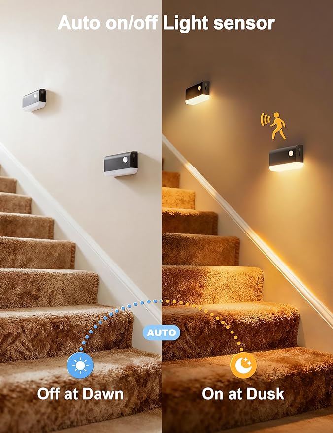 NIORSUN Motion Sensor Night Lights, 3 Pack Black Rechargeable 2-Mode Stair - Image 4