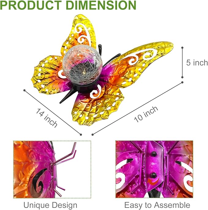 Solar Lights Outdoor Garden Butterfly Decor, Metal Butterfly Statue Decoration - Image 3
