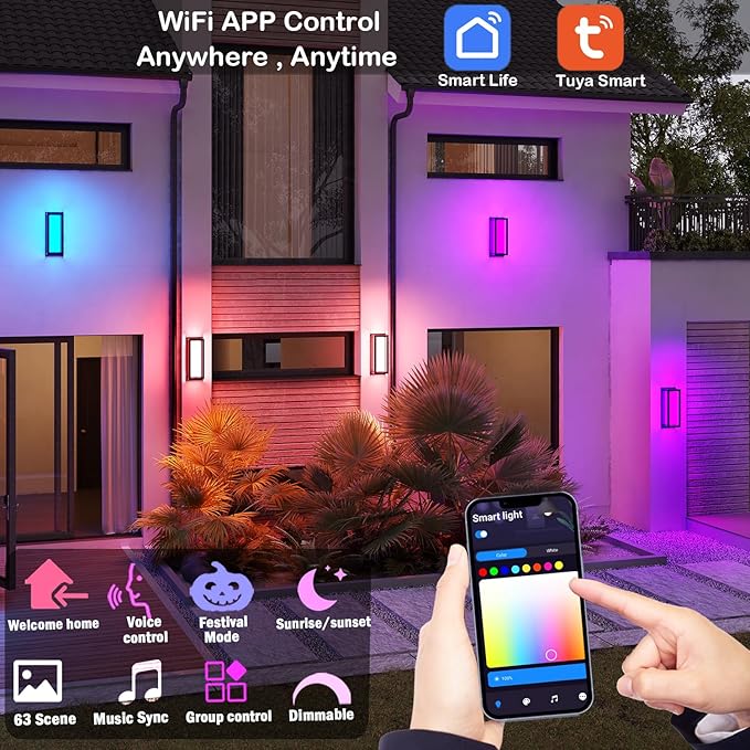 Smart Outdoor Lights Color Changing 2 Pack, RGB+2700K-6500K Outdoor Wall Sconce - Image 4