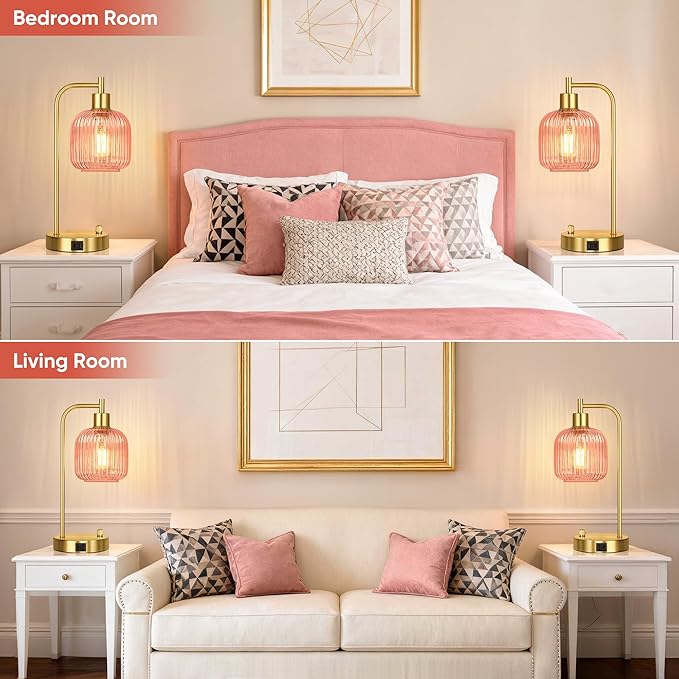QiMH Industrial Table Lamp for Bedroom Set of 2, Stepless Dimmable Gold Lamps - Image 7