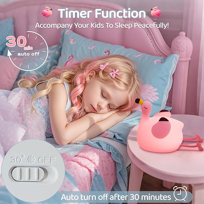 Flamingo Night Light for Kids, Silicone LED Squishy Animal Lamp, Dimmable/Timer - Image 3