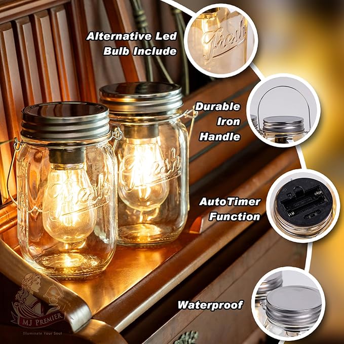 MJ Outdoor Mason Jar Lights Hanging Battery Operated Lamp Timer Cordless Lamps - Image 4