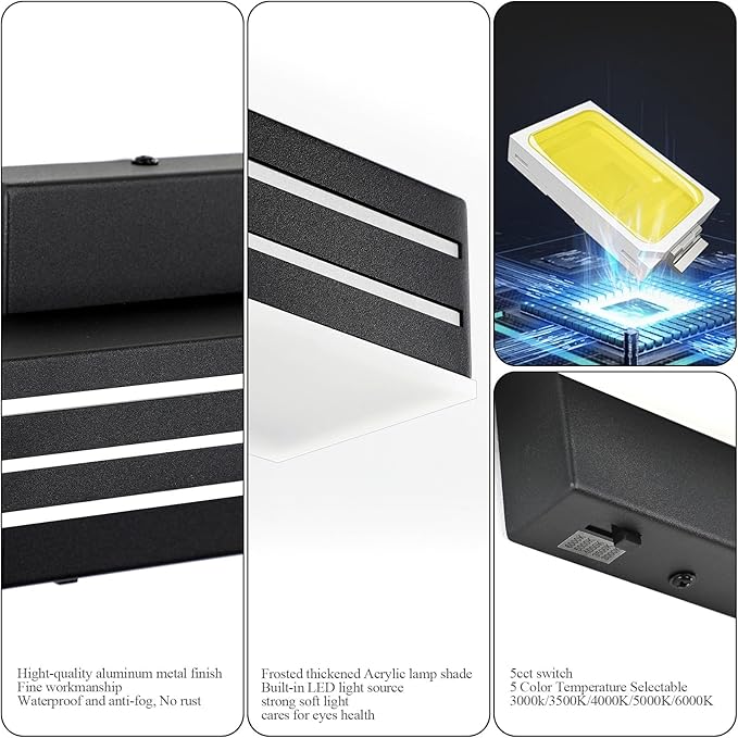 Ralbay Black Vanity Light 5 Color Temperature Dimmable LED Modern Bathroom - Image 8