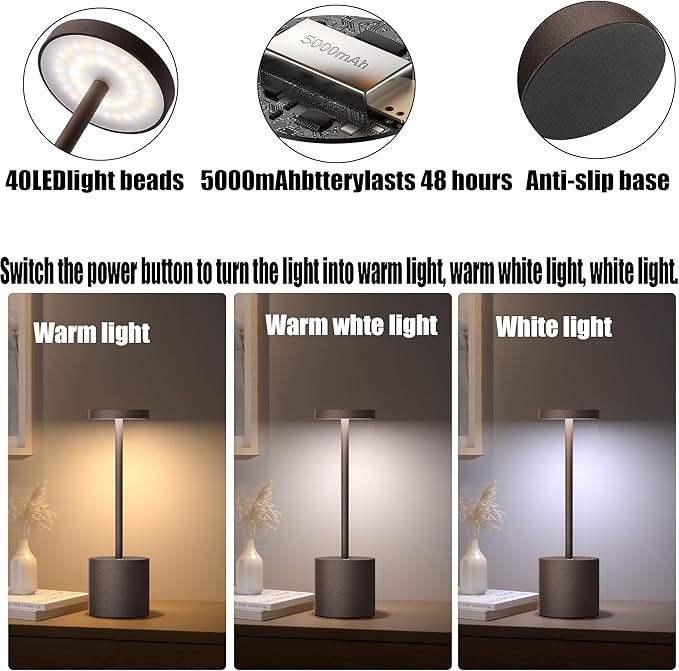 2Pack Cordless Table Lamp, Rechargeable LED Battery 5000mAh Metal USB Portable - Image 3