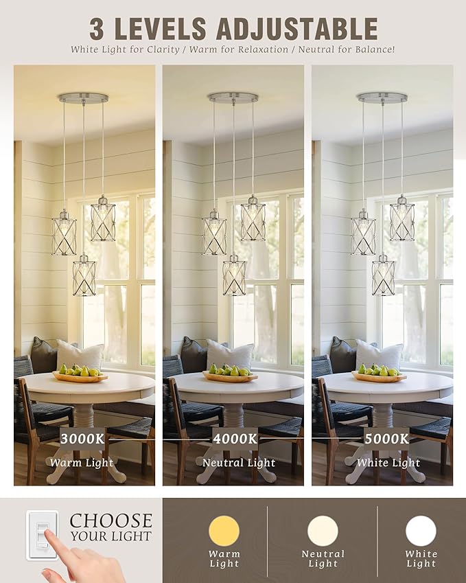 Brushed Nickel Dining Room Chandelier Light Fixture, 3-Light Pendant Lighting - Image 6