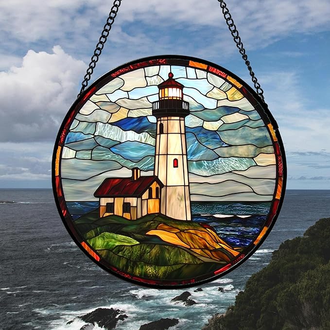 Stained Glass Window Hanging, Ocean Lighthouse Sun Catchers Glass Panel Blue - Image 4