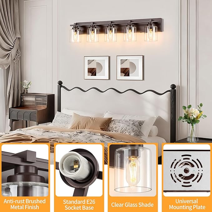 5 Light Modern Bathroom Light Fixtures Over Mirror, Bronze Finish Vanity Lights - Image 3