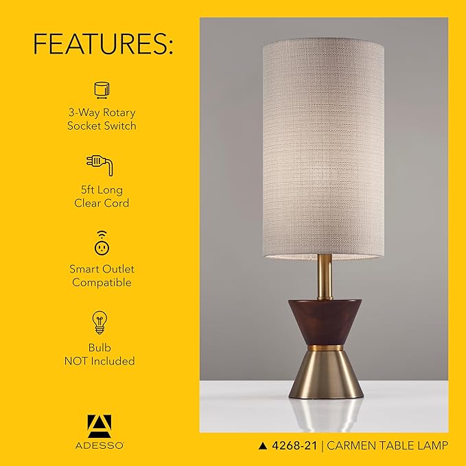 Adesso Table Lamp with Antique Bronze and Walnut Base, Bedside Table, Home - Image 5