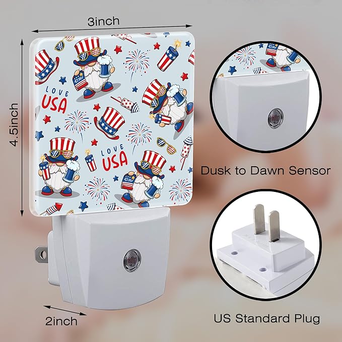 Cute American Patriotic Gnomes Night Light Plug into Wall, USA Flag Love USA - Image 2