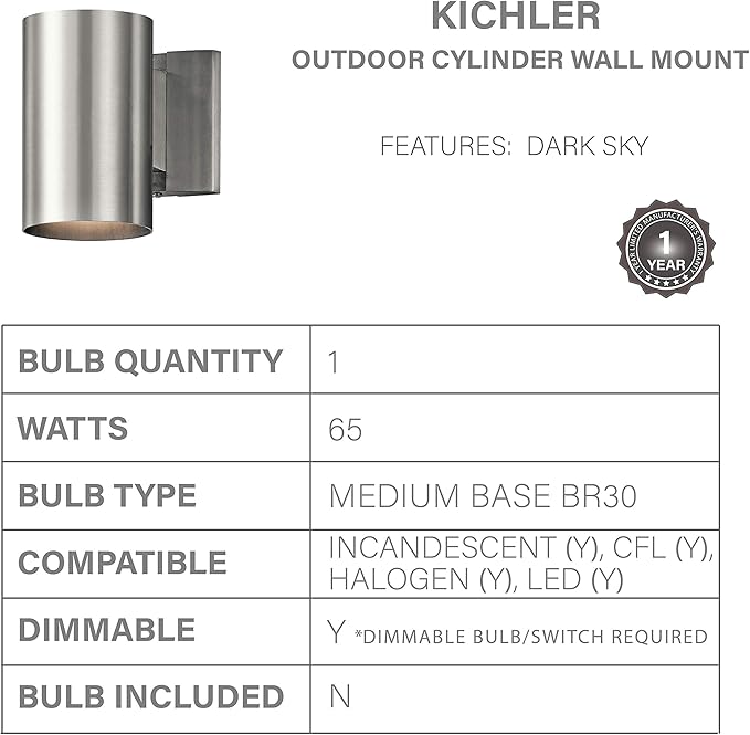 Kichler 9234BA Outdoor Cylinder Wall Mount Sconce DownLight, Brushed Aluminum - Image 3