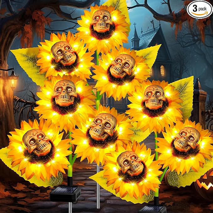 Halloween Decorations Outdoor, 3 Pack Solar Scary Skull Sunflowers Lights by stadeco