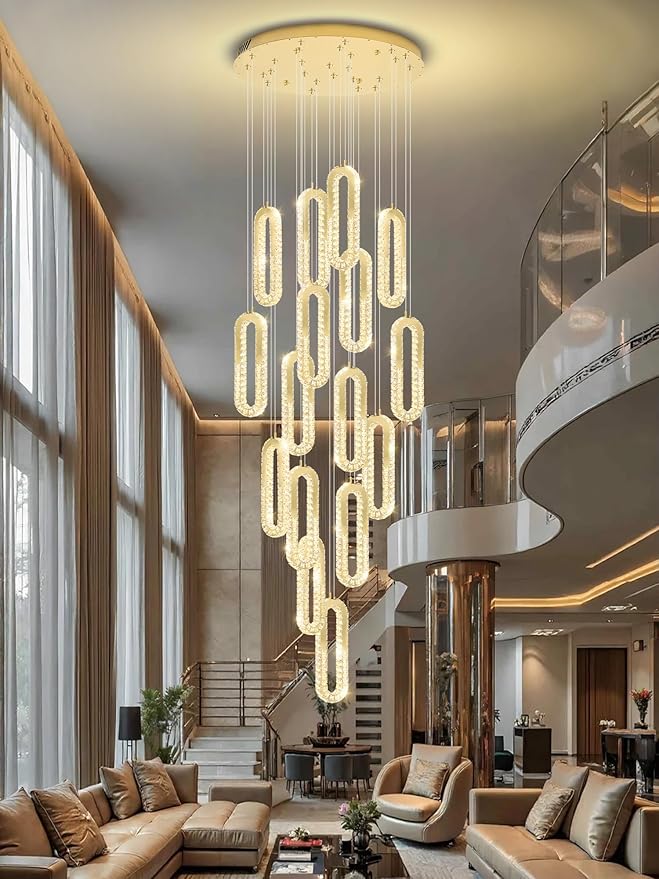 H138 High Ceiling Crystal Chandelier, Modern Oval Ring LED Chandeliers - Image 7