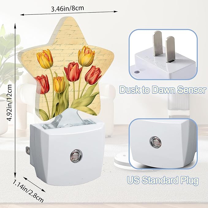 Vintage Tulips Nightlight, Spring Flowers Star Night Lights Plug into Wall - Image 2