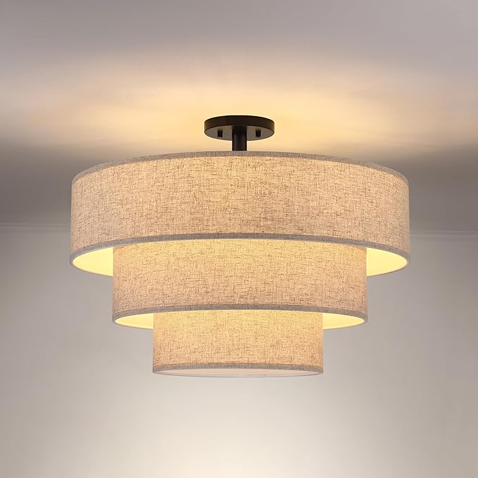 Doraimi Lighting 3 Tier Milky Apricot Linen Drum Fabric Semi Flush Mount Light by DoraimiLighting