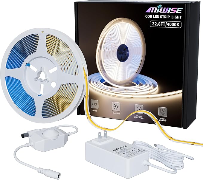 MIWISE COB LED Strip Light 32.8ft/10m, CRI 90+ Natural White 4000K High Lumen by MIWISE