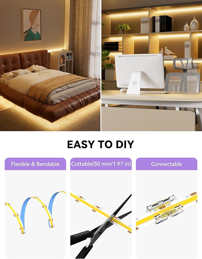 MIWISE COB LED Strip, LED Strip Light 2700K Warm White 20ft Dimmable Super - Image 6