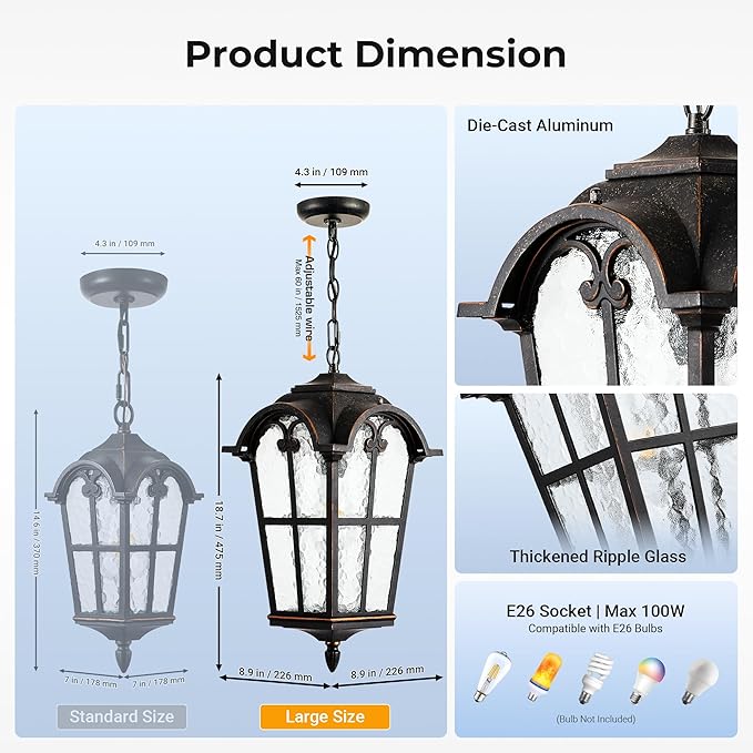 VIANIS 18.7" Large Outdoor Pendant Light, Vintage ORB Outside Chandelier - Image 6