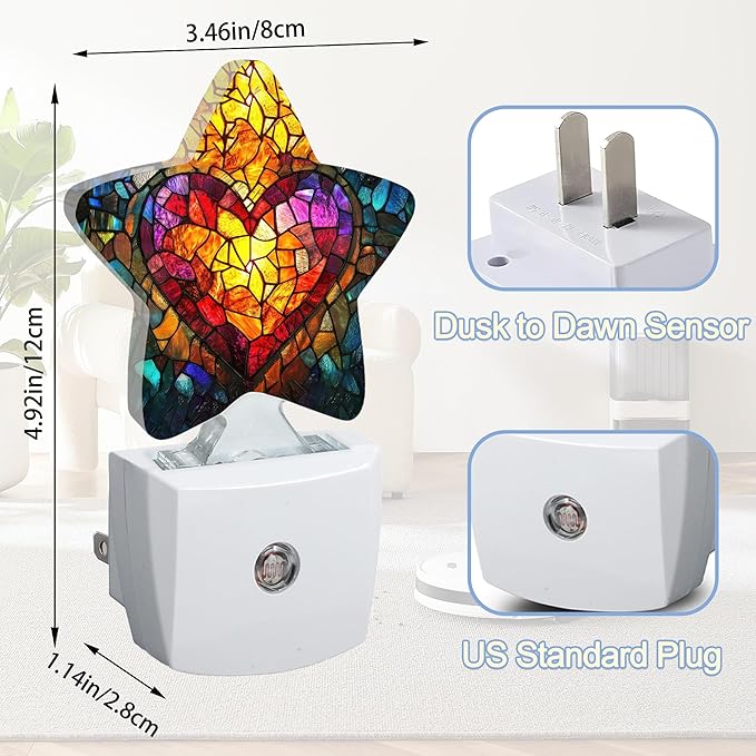 Love Heart Stained Glass Night Lights Plug Into Wall, Abstract Star Night Light - Image 2