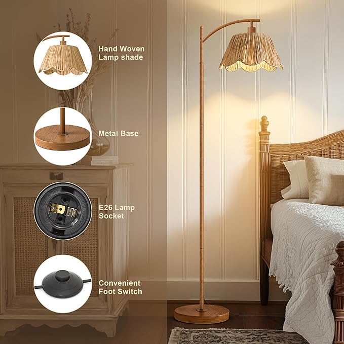 Oneach Rattan Floor Lamp for Bedroom, Boho Floor Lamp - Image 7