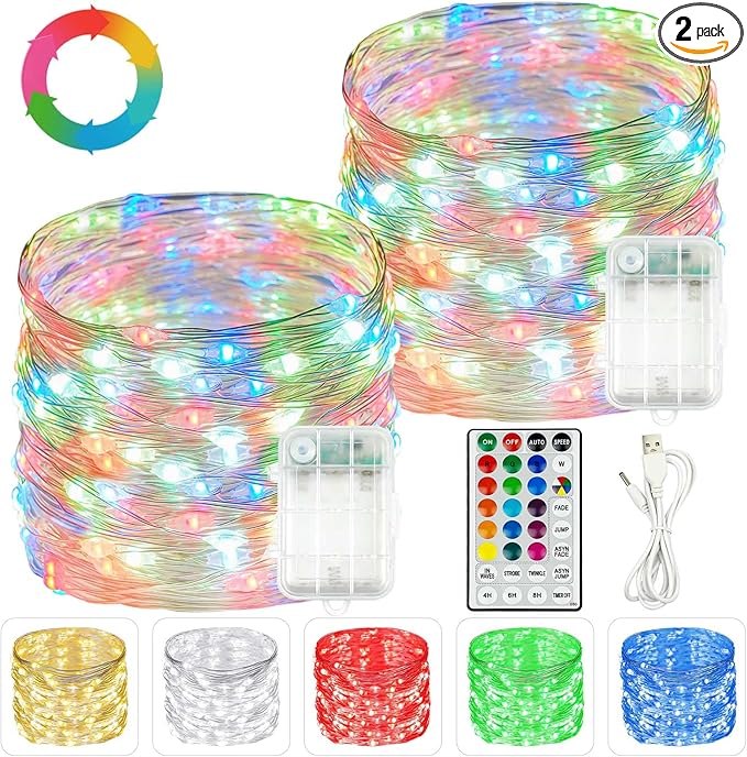2 Pack Christmas Fairy Lights Battery Operated, 20FT 60LED RGB Color Changing by BOSSERN