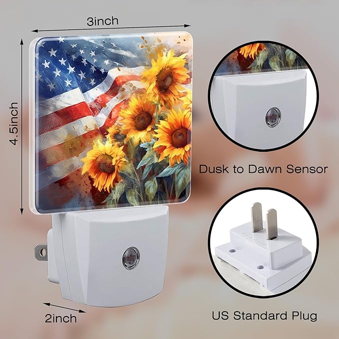 American Flag with Sunflowers Night Light Plug into Wall, Watercolor USA Flag - Image 2