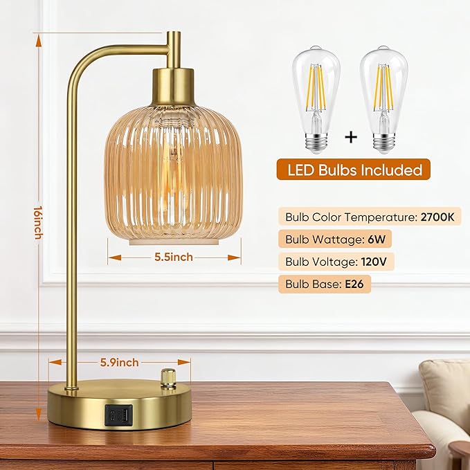 QiMH Industrial Table Lamp for Bedroom Set of 2, Champagne Glass Beside Lamp - Image 3