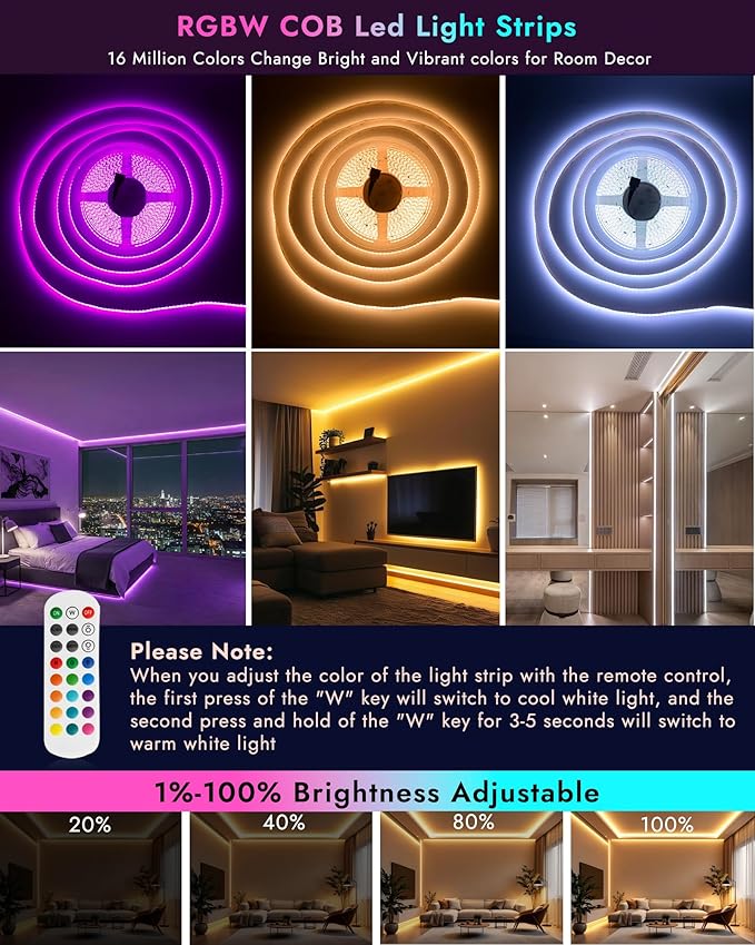 INDARUN RGBW COB Led Light Strip 32.8FT/10M, 12mm Flexible Led Tape Light - Image 2