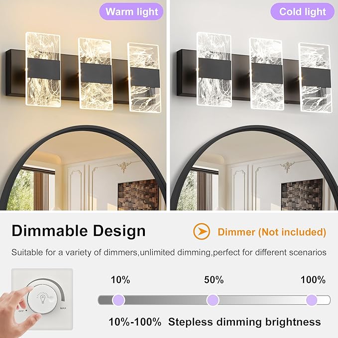 Modern LED Bathroom Light Fixtures Dimmable 3-Light Black Vanity Light - Image 4