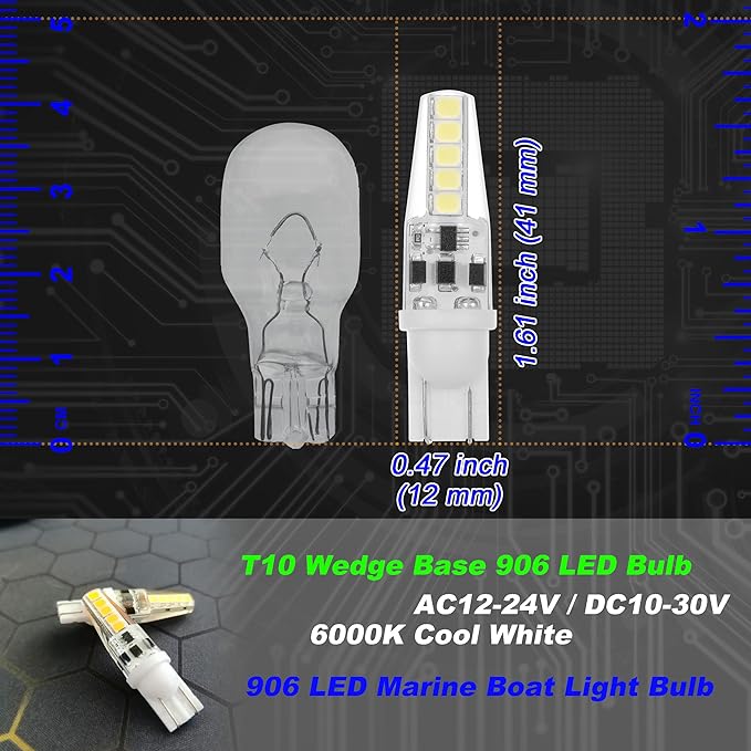 T10 Wedge Base 906 LED Marine Boat Light Bulb AC/DC 12V-24V 6000K Cool White - Image 4