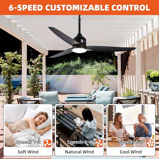 Outdoor Ceiling Fan with Light, 52 Inch Black Waterproof Plug in Ceiling Fan - Image 6