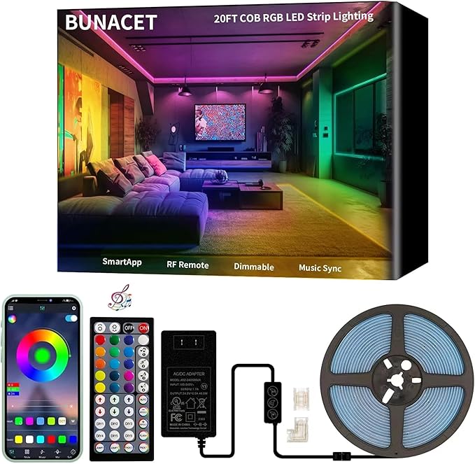 COB RGB LED Strip Lights, Bright 20ft RGB COB LED Lights by BUNACET