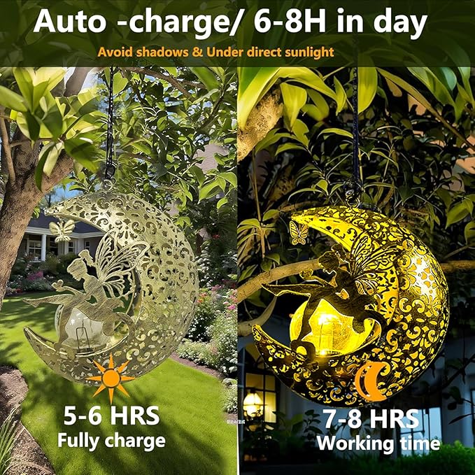 Solar Garden Fairy Statues Decor Hanging Lights, Outdoor Moon Decorations Metal - Image 4