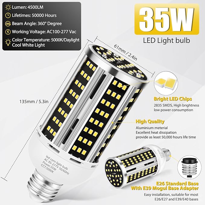 35W 6 pack LED Corn Light Bulb, Commercial Grade Daylight 5000K E26/E39 5000LM - Image 3