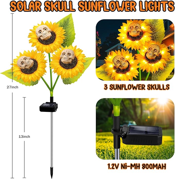 Halloween Decorations Outdoor, 3 Pack Solar Scary Skull Sunflowers Lights - Image 2