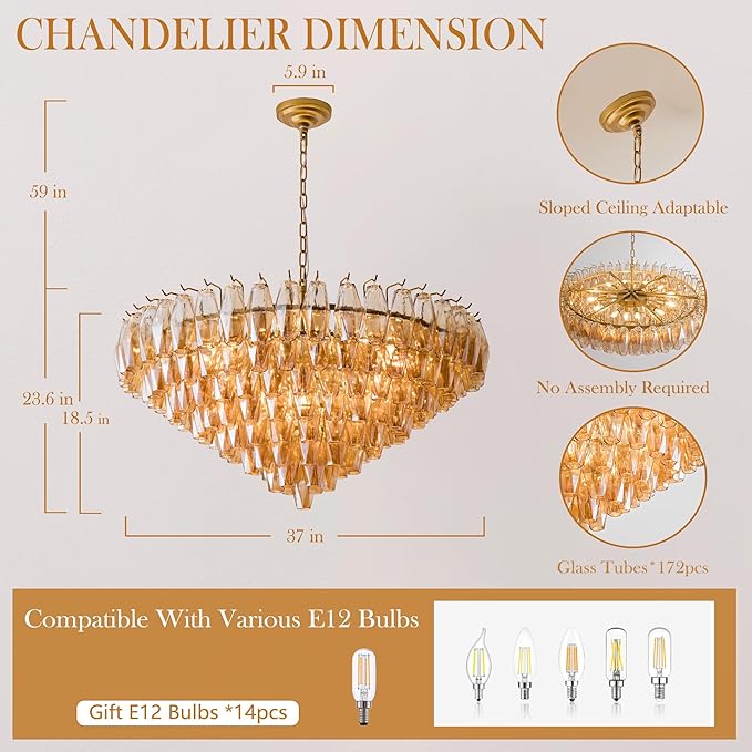 37" Extra Large Chandelier, 14-Light Gold Modern Round Chandelier - Image 4