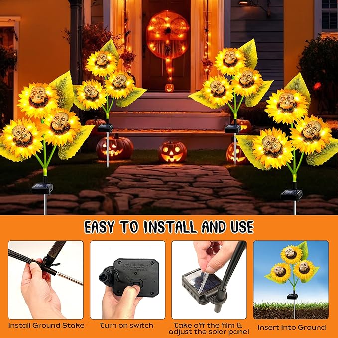 Halloween Decorations Outdoor, 3 Pack Solar Scary Skull Sunflowers Lights - Image 5