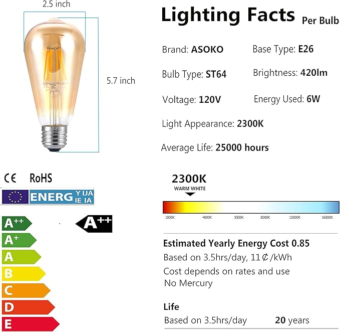 ASOKO LED Dimmable Vintage Edison Led Bulbs 6W Antique Style Edison Light Bulbs - Image 3