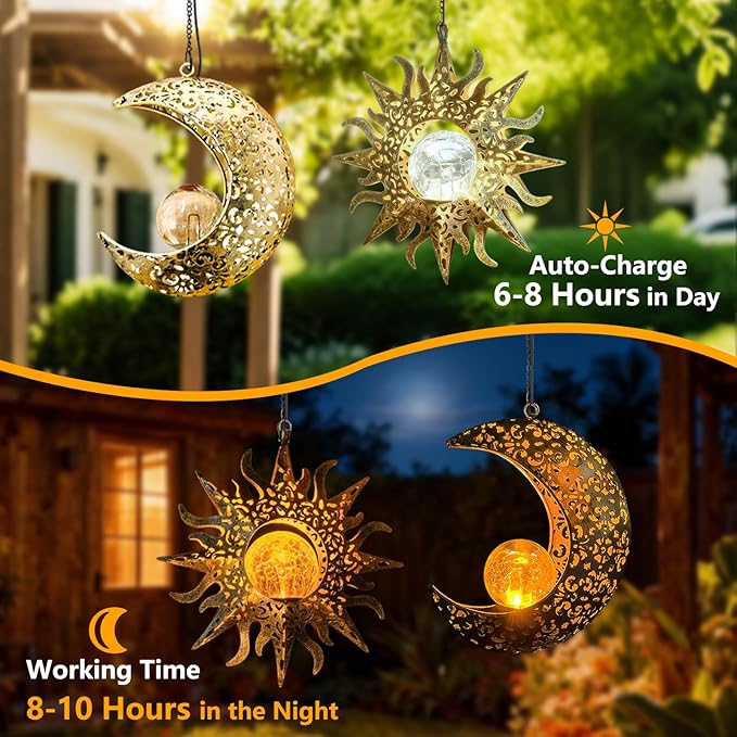 Solar Hanging Sun and Moon Lights Garden Outside Decor, 2 Pack Metal Lanterns - Image 5