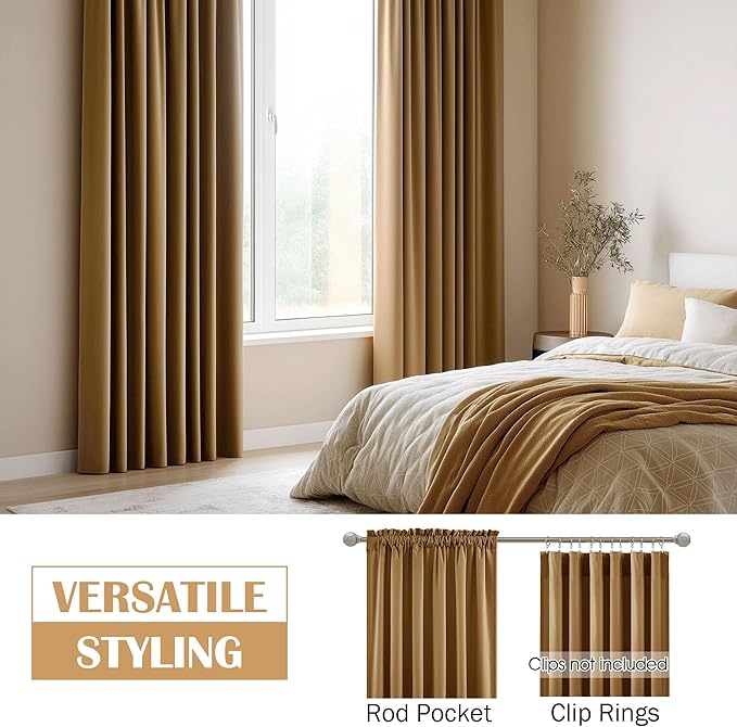 Beauoop Golden Brown Velvet Curtains 108 Inches Long 2 Panels - Image 2