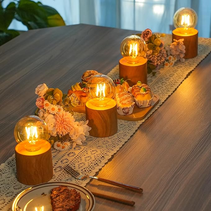 JHY DESIGN Set of 4 Wood Grain Table Lamp 6.5" Tall Cordless Lamp Light - Image 6