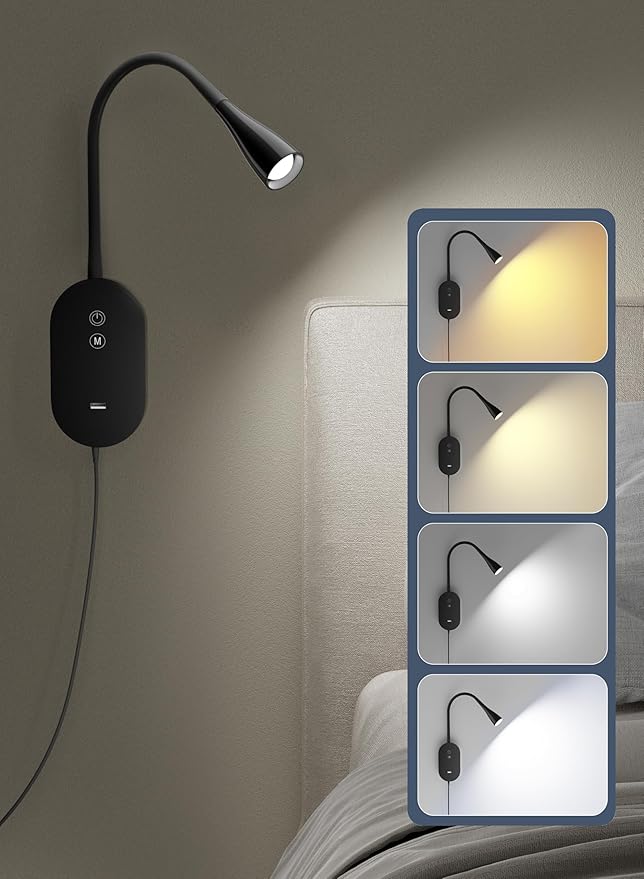 Wall Reading Light for Bed – 4 Color Modes, 5‑Level Dimmable Reading Lamp - Image 2