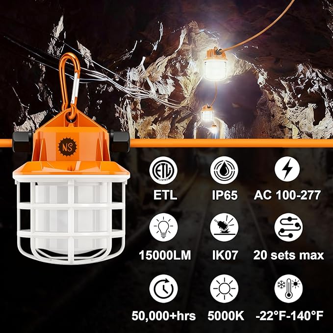 NS 50FT Construction String Lights LED Industrial Grade Super Bright 5000K IP65 - Image 3