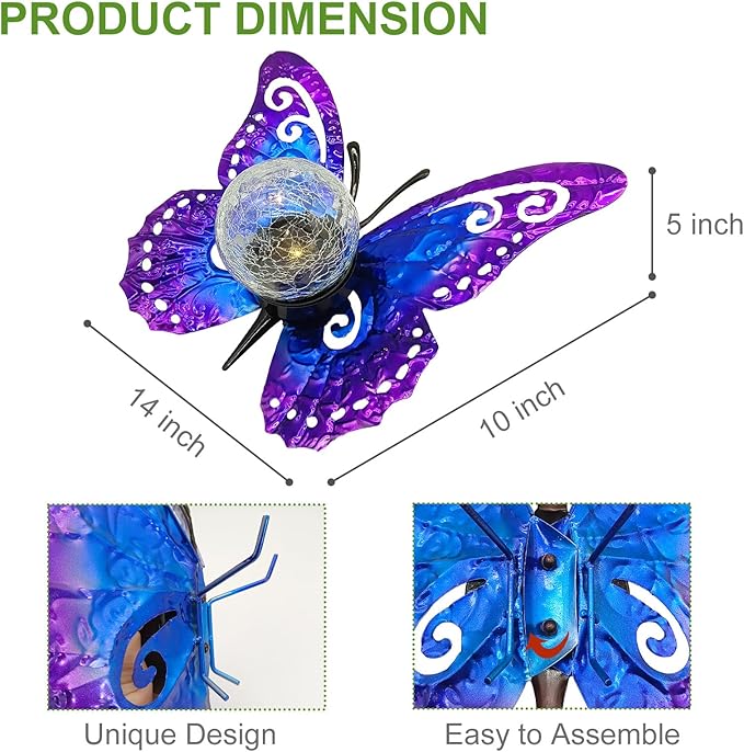 Solar Lights Outdoor Garden Butterfly Decor, Metal Butterfly Statue Decoration - Image 3