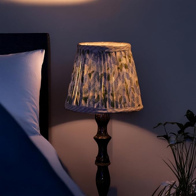 Ridhi Pleated Block Print Lamp Shade Light Steel Blue Floral Medium 4" Top x 6" - Image 5