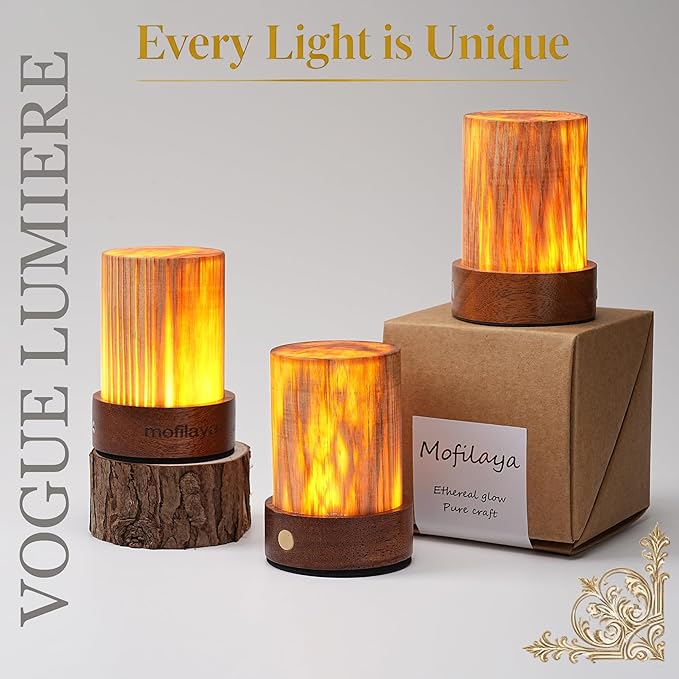 LED Night Light Wood -100% Handmade Cordless Lamp Rechargeable USB Battery - Image 3